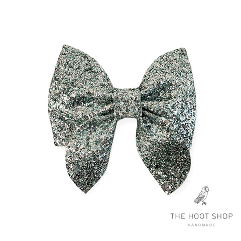 Penelope Style Aqua Silver Chunky Glitter Bow